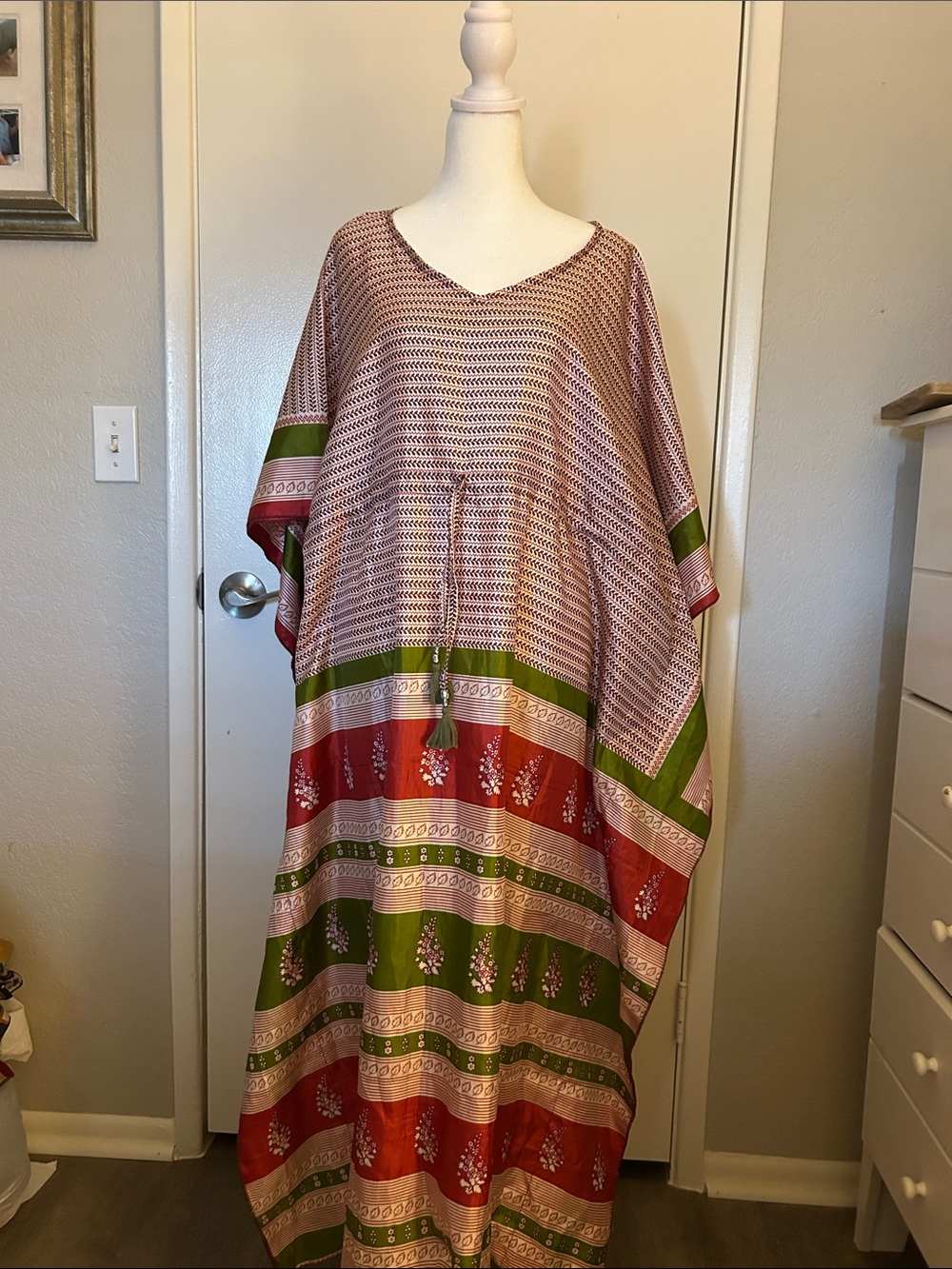 Bohemian Kaftan Floral Stripe Maxi Dress in Pink, Green & Red 100% silk